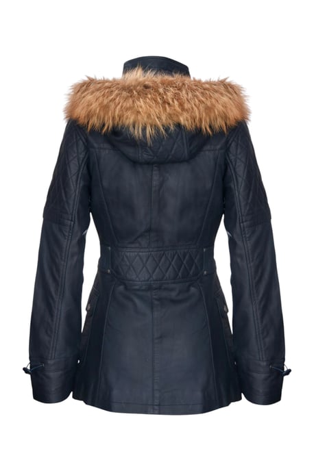 Womens Navy Lamb Leather Quilted Parka Fur Hood Jacket- Duchess - Image 5