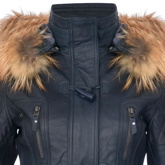 Womens Navy Lamb Leather Quilted Parka Fur Hood Jacket- Duchess - Image 6
