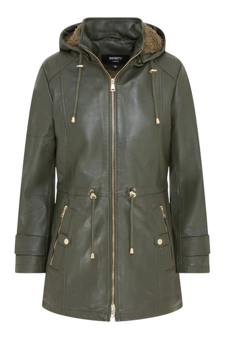 Dames groene leren parka met afneembare borg capuchon en trenchcoat - Trekker - Image 1