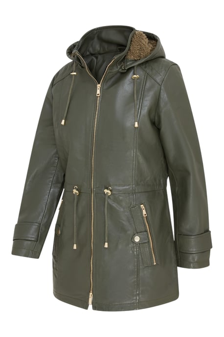 Dames groene leren parka met afneembare borg capuchon en trenchcoat - Trekker - Image 2