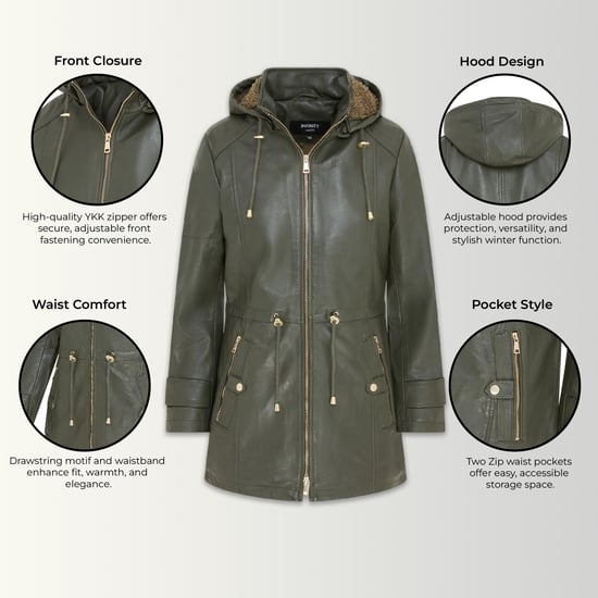 Dames groene leren parka met afneembare borg capuchon en trenchcoat - Trekker - Image 3