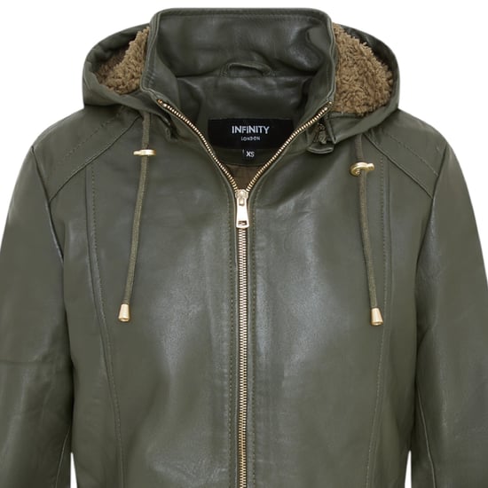 Dames groene leren parka met afneembare borg capuchon en trenchcoat - Trekker - Image 5