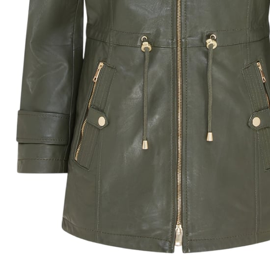 Dames groene leren parka met afneembare borg capuchon en trenchcoat - Trekker - Image 6