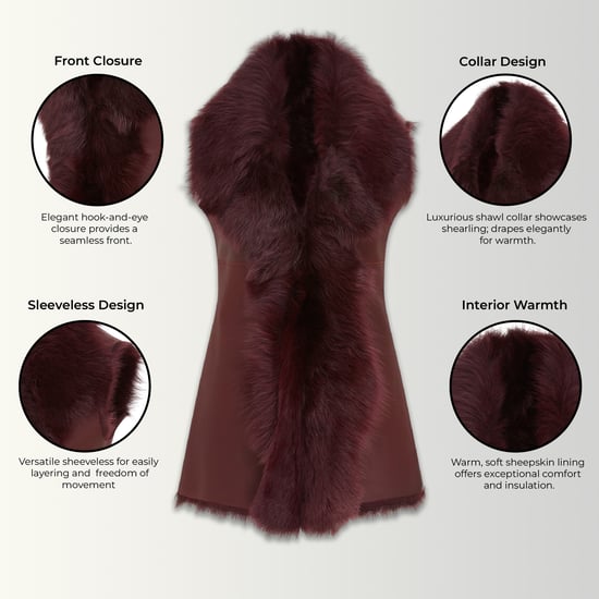 Vinröd Toscana Shearling Nappa Läder Fårskinnsväst Dam - Parkes - Image 3