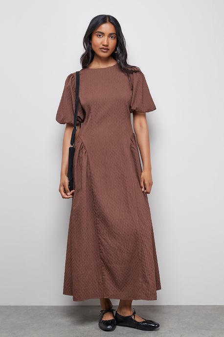 Seersucker Organza Godet Side Puff Sleeve Midi Dress - Image 1