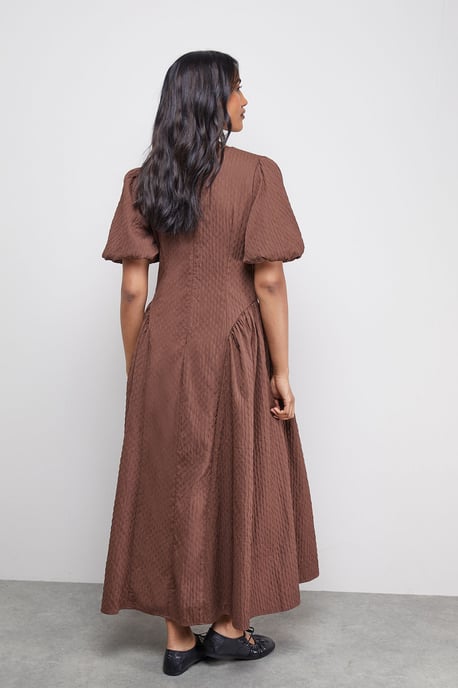 Seersucker Organza Godet Side Puff Sleeve Midi Dress - Image 3