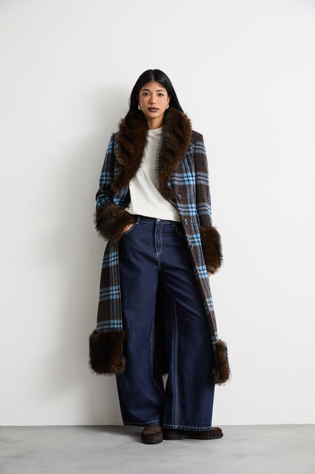Faux Fur Collared Check Belted Coat - Image 1