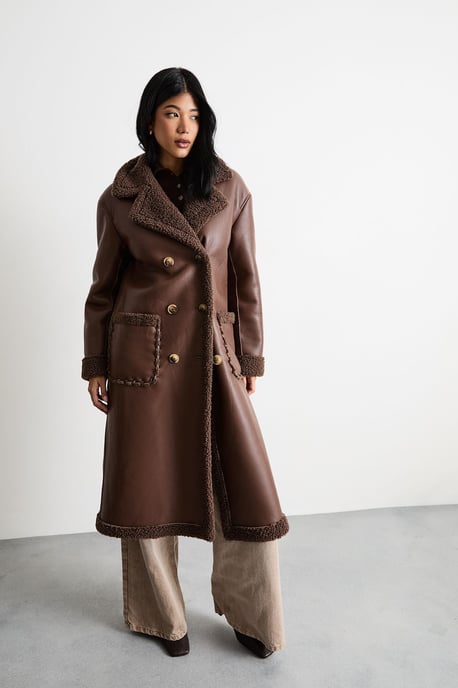 Whipstitch Faux Leather Shearling Coat - Image 1