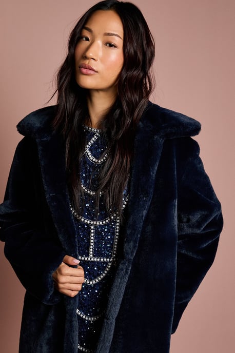 Navy Faux Fur Longline Collared Coat - Image 2