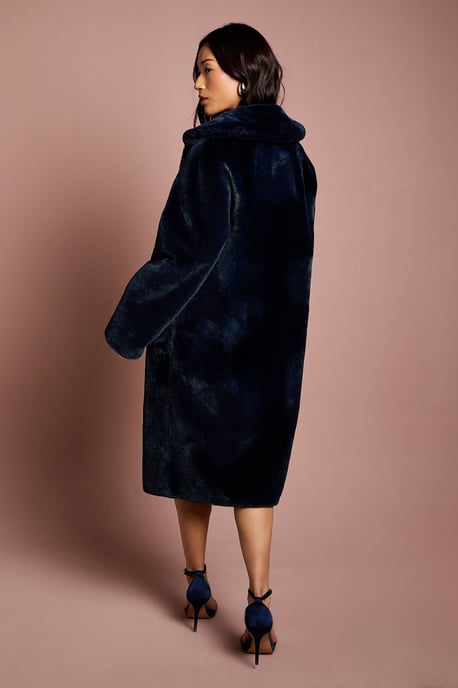 Navy Faux Fur Longline Collared Coat - Image 3