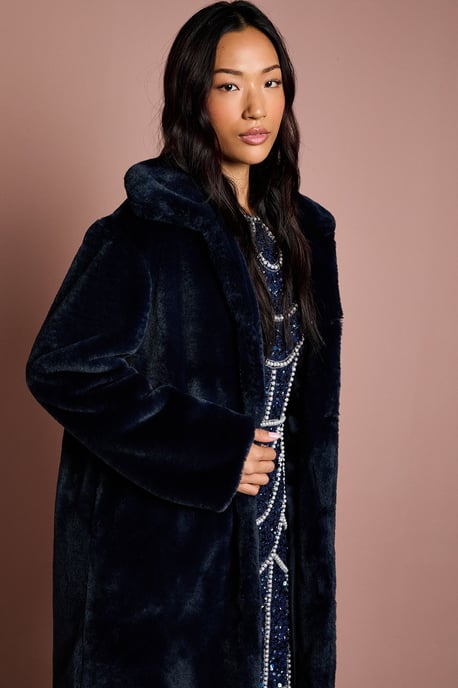 Navy Faux Fur Longline Collared Coat - Image 4