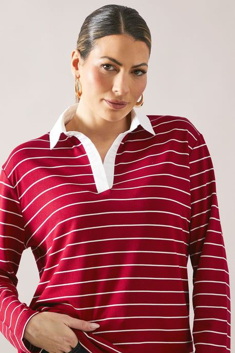 Petite Striped Rugby Top With Woven Collar - Image 2
