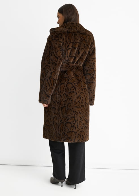 Chocolate Leopard Print Premium Faux Fur Belted Coat - Image 3