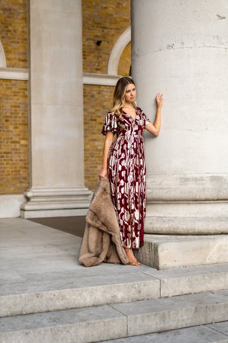 Burgundy Metallic Jacquard Flutter Sleeves Floral Maxi Dress - Image 3