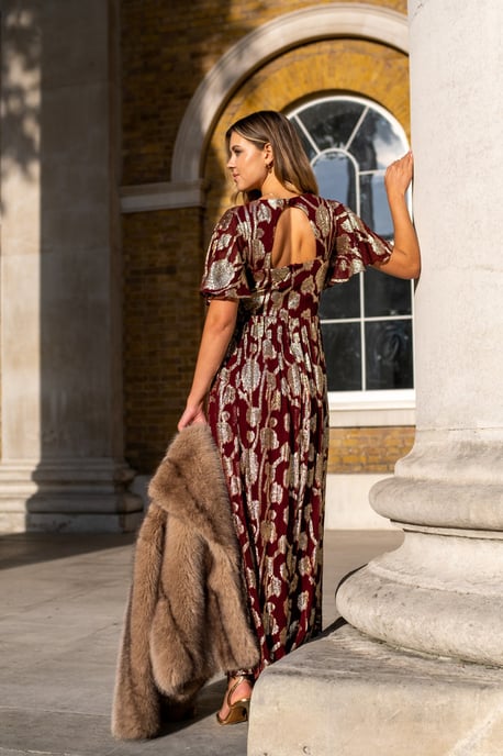 Burgundy Metallic Jacquard Flutter Sleeves Floral Maxi Dress - Image 4