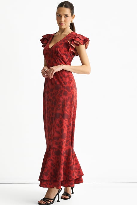 Red V Neck Floral Print Ruffle Maxi Dress - Image 3