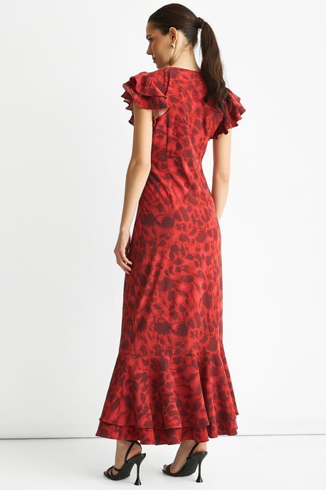 Red V Neck Floral Print Ruffle Maxi Dress - Image 4