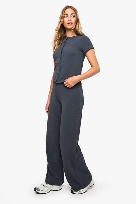 Crinkle Rib Button Through Cap Sleeve Top and Trouser Set - Image 3