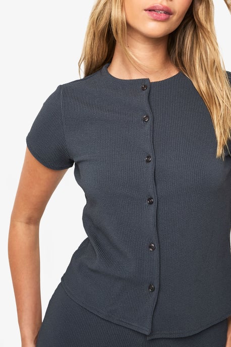 Crinkle Rib Button Through Cap Sleeve Top and Trouser Set - Image 4