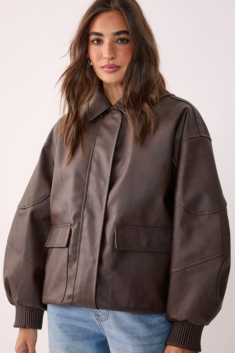 Oversized Longline Faux Leather Bomber Jacket - Image 3