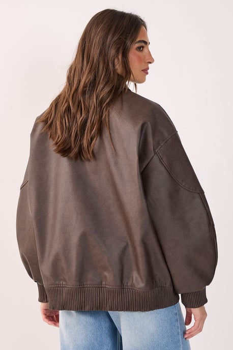 Oversized Longline Faux Leather Bomber Jacket - Image 4