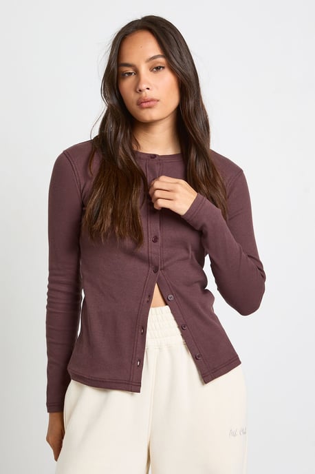 Rib Button Through Long Sleeve Top - Image 2