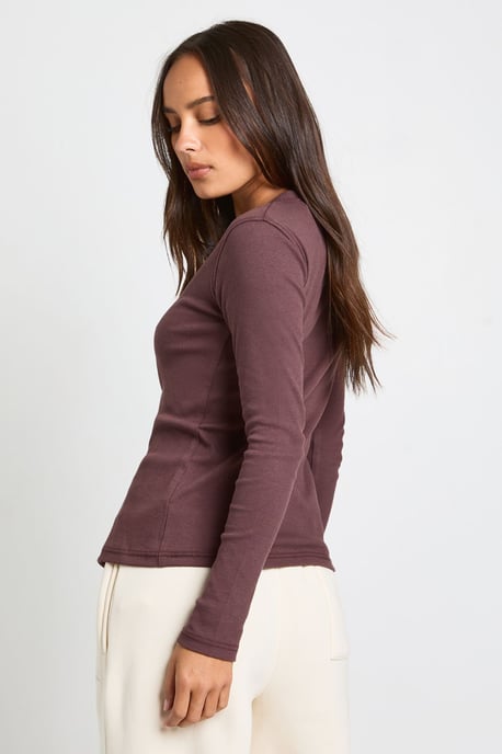 Rib Button Through Long Sleeve Top - Image 3