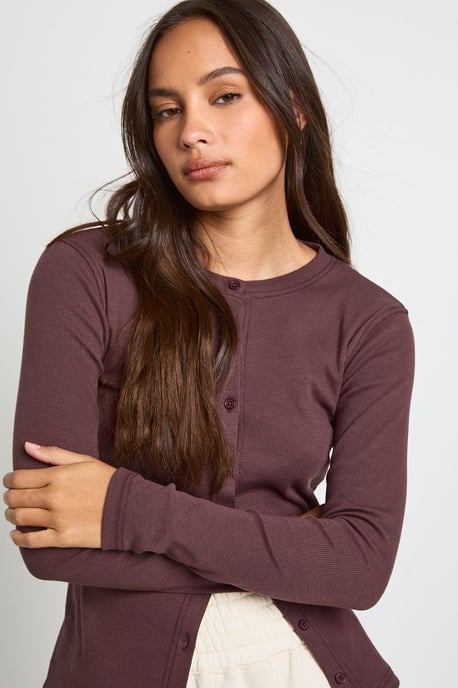 Rib Button Through Long Sleeve Top - Image 4