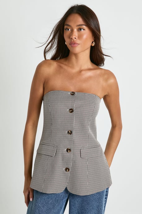 Tonal Mini Check Tailored Bandeau Top - Image 3