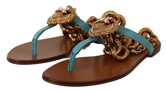 Chainembellished Leather Sandals Flat Sandals Blue - Image 3