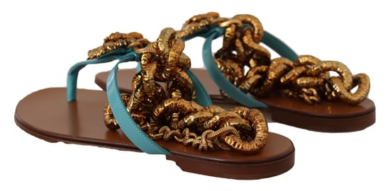 Chainembellished Leather Sandals Flat Sandals Blue - Image 4