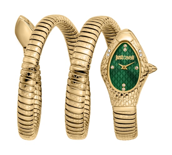 Just Cavalli Snake Watch, Gold Color Case, Dark Green Dial, Gold ColorStainless Steel Bracelet - Image 1