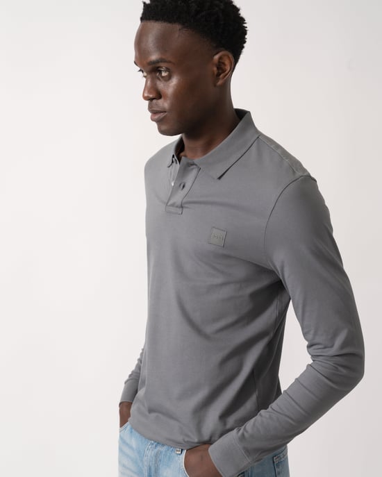 Passerby Long Sleeve Polo Shirt in Grey - Image 2