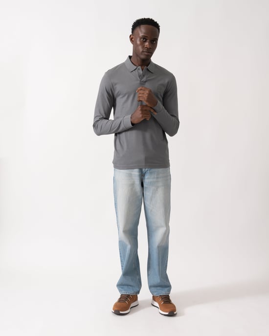 Passerby Long Sleeve Polo Shirt in Grey - Image 3