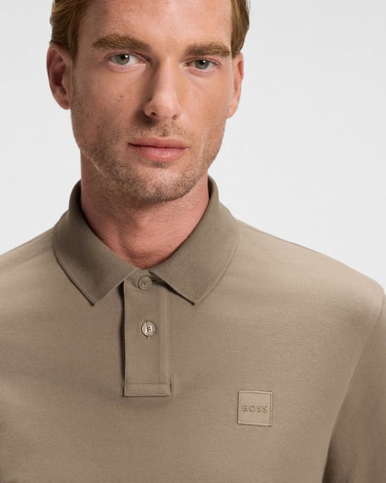 Passerby Long Sleeve Polo Shirt in Tan - Image 3