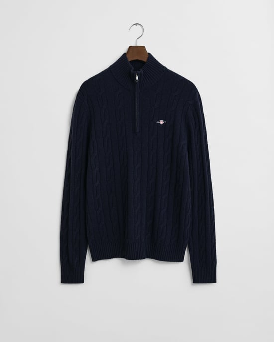 433 Lambswool Cable Knit Half Zip Half Zip Jumper in Dark Blue - Image 1