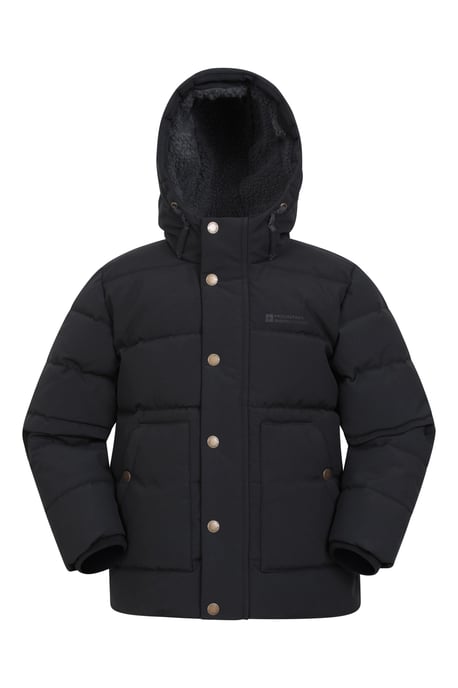 'Manta' Kids Padded Jacket with Front Pockets & Chin Guard Borg Lined Coat Black - Image 1