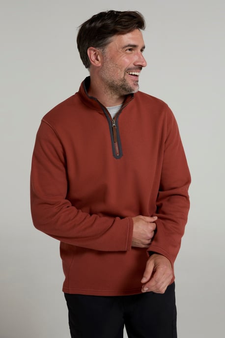 'Beta Contrast' Fleece Top Zip Neck Comfy Casual Midlayer Rust - Image 2