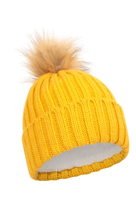 'Geneva' Fur Lined Women's Beanie Pom Pom Winter Hat Mustard - Image 1