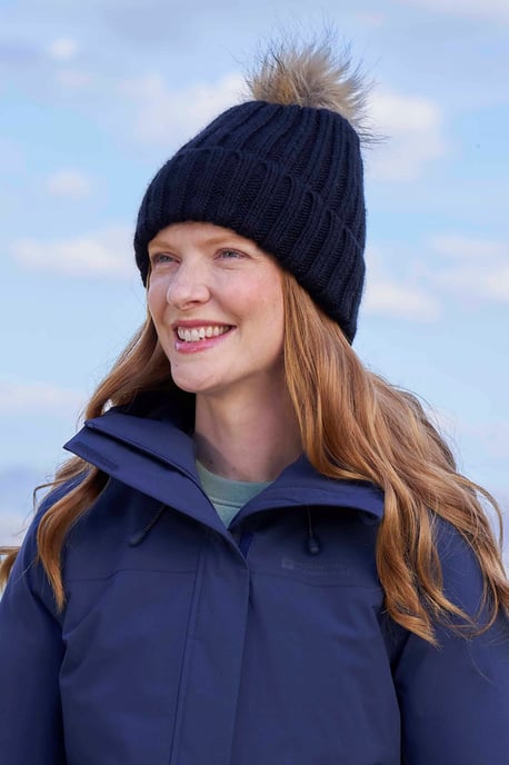 'Geneva' Fur Lined Women's Beanie Pom Pom Winter Hat Black - Image 2