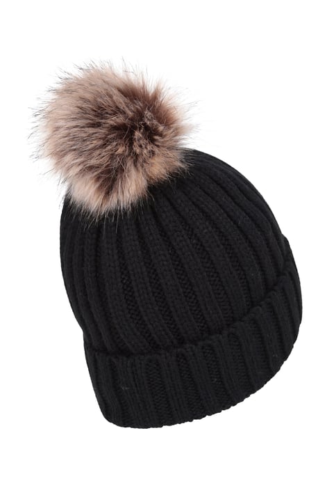 'Geneva' Fur Lined Women's Beanie Pom Pom Winter Hat Black - Image 3