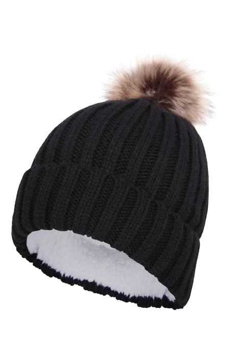 'Geneva' Fur Lined Women's Beanie Pom Pom Winter Hat Black - Image 5
