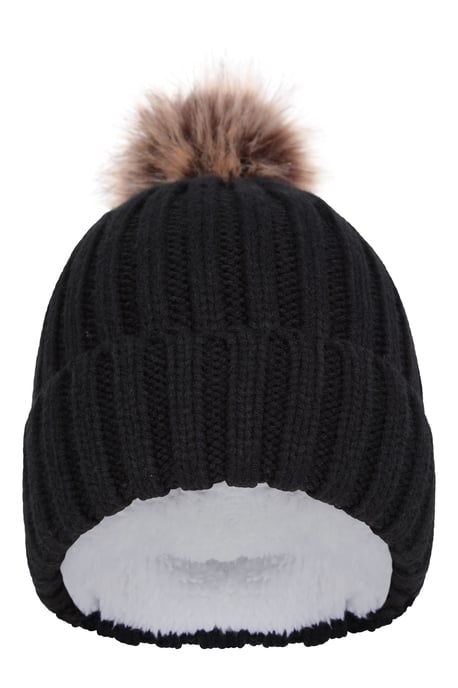 'Geneva' Fur Lined Women's Beanie Pom Pom Winter Hat Black - Image 6
