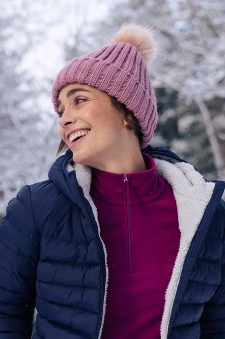'Geneva' Fur Lined Women's Beanie Pom Pom Winter Hat Dusty Pink - Image 1