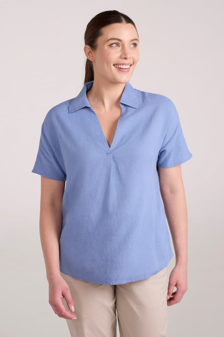 'Breeze II' Women's Linen Shirt Pull On Breathable Outdoors Top Medium Blue - Image 1