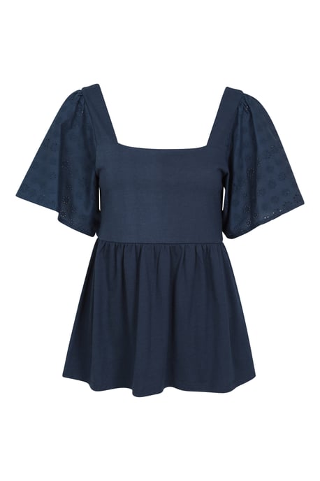 'Verona' Women's Broderie Sleeve Top with Ruched Back Summer Casual Blouse Navy - Image 1