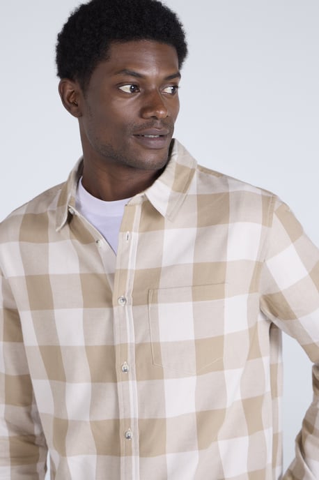 'Cove' Men's Check Flannel Shirt Cotton Buttoned Breathable Top Cream - Image 3