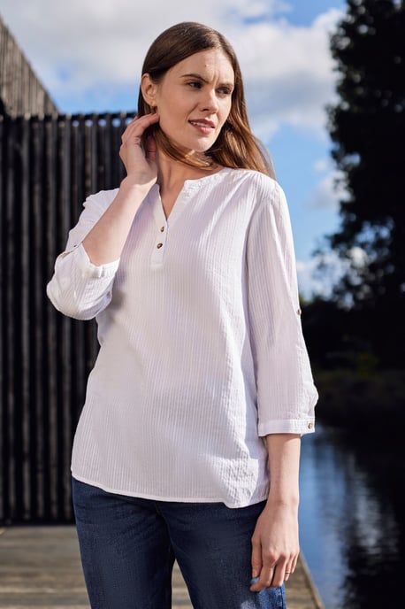 'Petra' Women's 3/4 Sleeve Shirt Button Neck Breathable Everyday Top White - Image 1