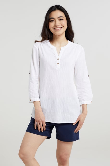 'Petra' Women's 3/4 Sleeve Shirt Button Neck Breathable Everyday Top White - Image 2