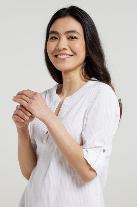 'Petra' Women's 3/4 Sleeve Shirt Button Neck Breathable Everyday Top White - Image 4